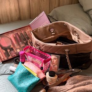 Two-Tone Leather Tote Bag filled with many goodies